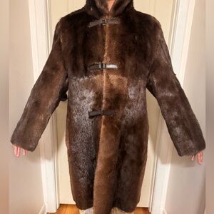 PRADA Vintage Otter Fur & Leather Hooded Coat Jacket S:50 Made In Italy